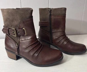 Earth Origins Ankle Buckle Boots Side Zip Brown Leather/Suede Dolly Size 7M - Picture 1 of 10