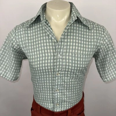 Vintage 60s Shirt Mens Disco Hippie Rockabilly MCM Green Plaid Huntcliff Medium - Image 1 of 4