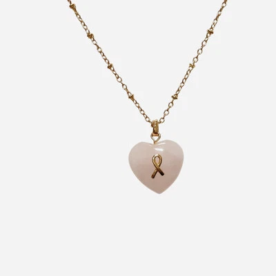 Avon Rose Quartz Heart Necklace Pink Breast Cancer Awareness Ribbon Pendant - Image 1 of 4