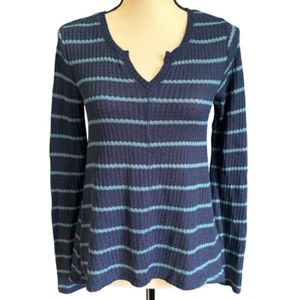 Arizona Jeans Navy Blue Stripe Waffle Knit Long Sleeve Henley Woomen's Small - Picture 1 of 10