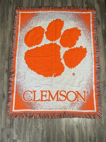 Vintage 90s Clemson Tigers Paw Print Woven Throw Blanket Tapesty NCAA RARE Cover