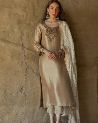 Bollywood Style Cream Devsena Silk Salwar Kameez With Dupatta For Women - Image 1 of 4