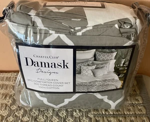 Charter Club Damask 100% Cotton Duvet Cover Set Grey/White Full/Queen $170.00 @ - Picture 1 of 4