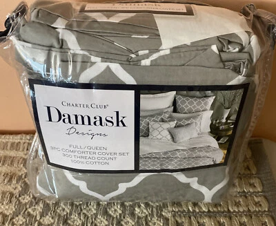 Charter Club Damask 100% Cotton Duvet Cover Set Grey/White Full/Queen $170.00 @ - Image 1 of 4