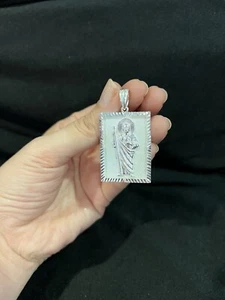 .925 Sterling Silver Mens Womens St Jude Thaddeus San Judas Tadeo Square Pendant - Picture 1 of 6