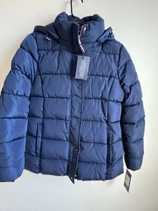 NWT Tommy Hilfiger, Women's Puffer Hooded 5F Warmth Factor jacket Navy Size M - Picture 1 of 17
