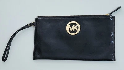 Michael Kors black pouch wristlet gold toned logo interior pockets NWOT - image 1 of 4