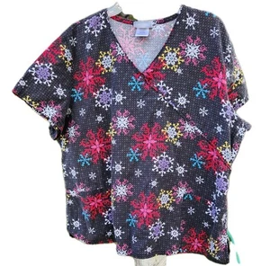 SB Scrubs Scrub Top Size 2X Colorful Snowflake Print V Neck Pockets Back Tie - Picture 1 of 15