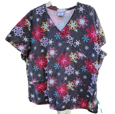SB Scrubs Scrub Top Size 2X Colorful Snowflake Print V Neck Pockets Back Tie - Image 1 of 4