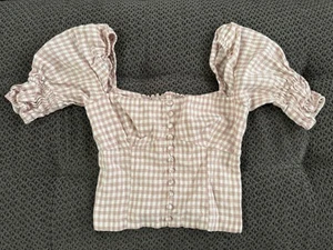 Reformation Norton Top Rosa Rouge Kariert Gingham Leinen Puffärmel Größe 8 - Bild 1 von 16