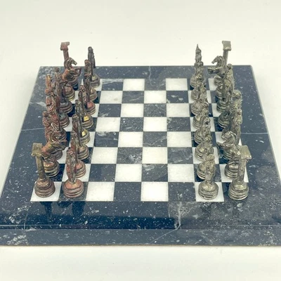 Roman Empire Statue Soldiers Metal Chess Set with Marble Chess Board 16 cm - Image 1 of 4