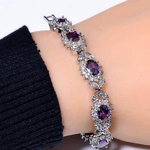 Purple Amethyst & Cubic Zirconia 925 Sterling Silver Tennis Bracelet 7.99" B0709 - Picture 1 of 4