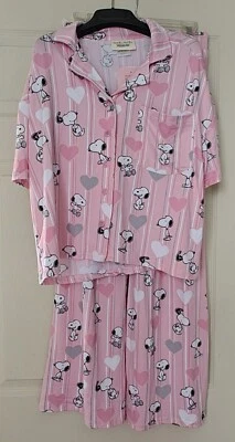 Munki Snoopy 睡衣裤上衣套装粉色灰色心形条纹女式小号花生 S — 第 1/4 张图片