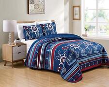 Bedspread Set Navy Blue Red White Ships Rope Anchor Stripes New Twin/Twin Ext...