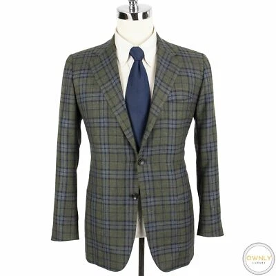 NWOT Kiton Green Blue 85% Cashmere Plaid Static Mod. Lasa Patch Pkts Jacket 40R - Image 1 of 4