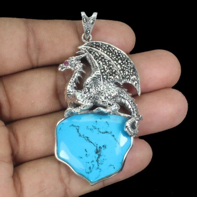 925 Sterling Silver Pendant Turquoise Stabilized Ruby Gemstone Dragon Jewelry - Image 1 of 4