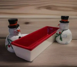 Fitz & Floyd 2002 Christmas Snowman Cracker Tray Ceramic 8"×4" Carrot Noses ☃️ - Picture 1 of 12