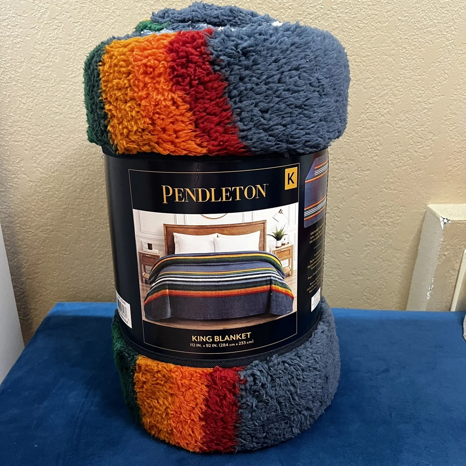 Pendleton Sherpa Fleece Blanket King 112”x92” Serape Stripe Blue Plush Warm Soft