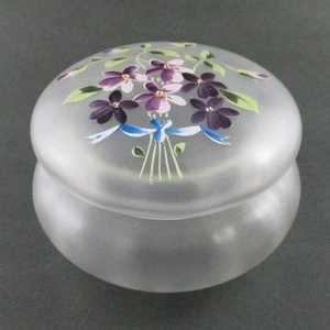 Antique art glass POWDER JAR - Hand Painted Enamel VIOLETS - Satin Shimmer - Picture 1 of 8