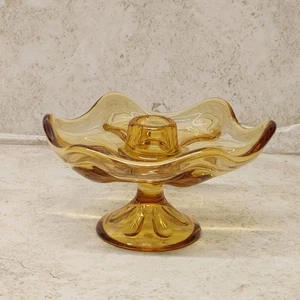 Vintage Viking Glass Pedestal Candle Holder Amber 6 Petal MCM - Picture 1 of 12