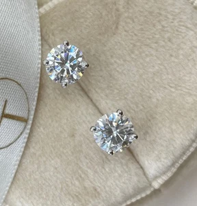Diamond Stud Earrings F VS2 Round 2 Ct Lab Created 14K White Solid Gold Secured - Picture 1 of 10
