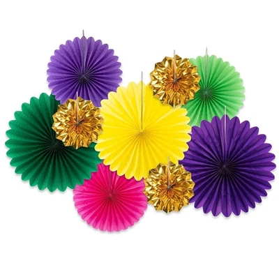 Mardi Gras Hanging Fans Set, Colorful, Fat Tuesday, Photo Booth Backdrop, Decor - Image 1 of 4