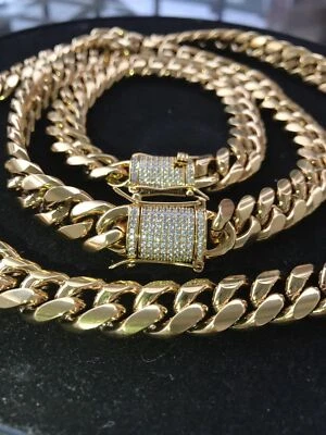 Mens Cuban Miami Link Bracelet & Chain Set 18k Gold Plated 12mm Stainless Steel - Image 1 of 4