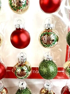 20 MINI GOLD NOEL GLASS BALLS CHRISTMAS ORNAMENTS SATIN RED GLITTER GREEN - Picture 1 of 8