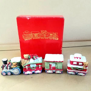 Vintage Christmas Bear Village Train Porcelain Brookstone 4 Pc Set in Box - Picture 1 of 12