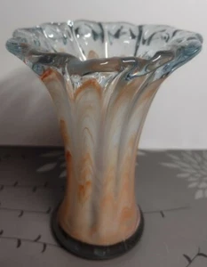 Art Peach White Color Infused Clear Vase Finger Pulled Stretched  5” Marble - Bild 1 von 6