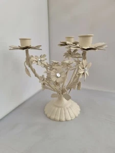 Cream Shabby Chic Metal Floral 3 Candlestick Holder - Picture 1 of 12