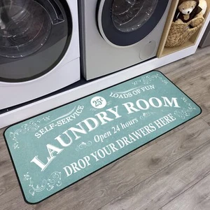 20x47" Non-Slip Laundry Room Rug Teal Farmhouse Decor Mat - Picture 1 of 9
