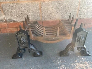 Pair of cast iron gothic fire dogs and swans nest grate - Picture 1 of 3