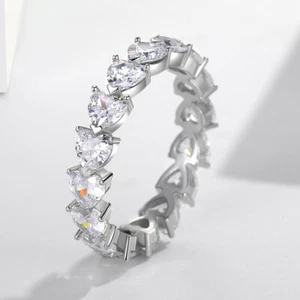 4*4mm Romantic Row of Heart Shaped Pave Eternity Band Ring  Fashion Jewelry - Picture 1 of 9