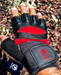 Guantes acolchados para bicicleta de ciclismo sin dedos de cuero genuino rojo/negro para hombre - Imagen 1 de 5