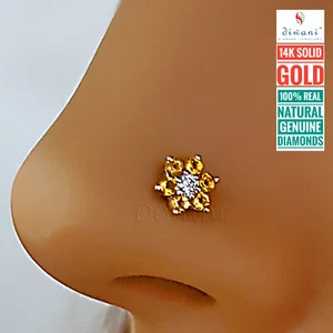 Natural Citrine Gemstones & Diamond Flower Nose Pin Lip Piercing Ring Stud Screw - Picture 1 of 13