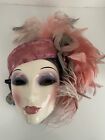 Vintage Art Deco Clay Art Mask Made In USA Fancy Pink Gray Feathers Pill Box Hat