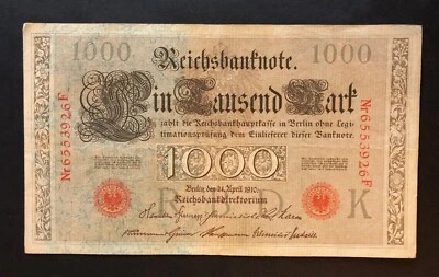 BEAUTIFUL 1910 GERMAN 1,000 MARK BANKNOTE P44 RED SEAL - Image 1 of 2