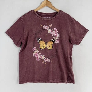 Lucky Brand Shirt Womens Medium Burgundy Butterfly Floral Graphic T-Shirt Tee - Picture 1 of 8