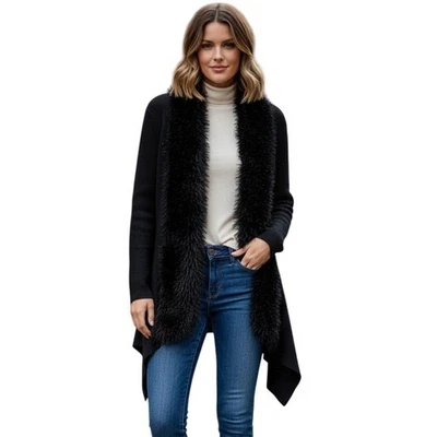 Cárdigan suéter One World negro ribete de piel sintética frente abierto plumero XL Foto 1 de 4