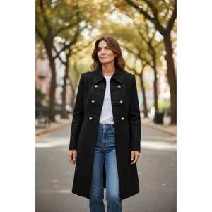 Tahari Arthur Levine Petite Black Military Style Double Breasted Wool Blend Coat - Picture 1 of 4