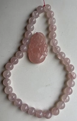 10mm  Beads Pink Jade Or Quartz 2” Pendant Flower  Vintage Chinese Necklace 16” - Image 1 of 4