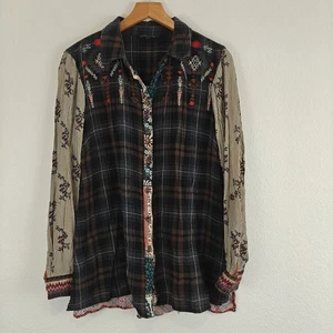 Camicia John Mark Boho stampa mista manica lunga bottoni ricamata a quadri taglia M - Foto 1 di 14