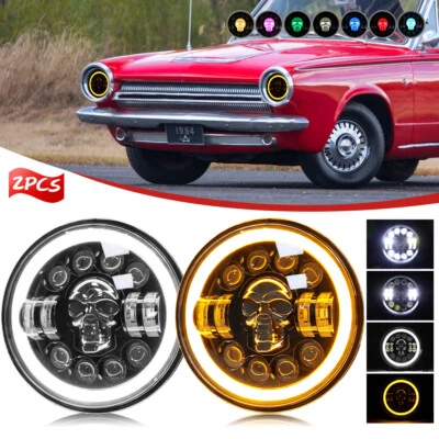 Pair Fit Dodge Dart 1964-1976 7" Round LED Headlights Hi/Lo RGB Skull Halo DRL - Image 1 of 4