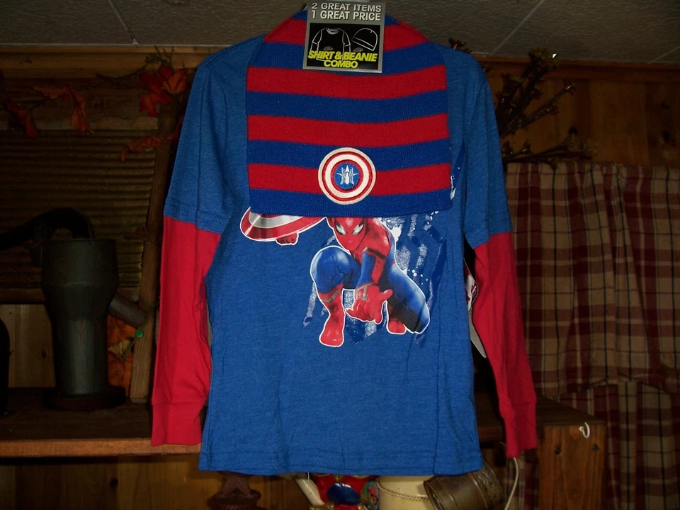 SPIDER MAN CIVIL WAR BOYS SHIRT AND BEANIE SET SIZE LG 10-12 KIDS CASUAL SHIRT  - Image 1 of 1