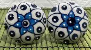 Ceramic Drawer Knob Pull 1-3/4" Blue & White Flower Set of 2 - Picture 1 of 5