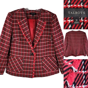 Giacca blazer donna Talbots taglia 10 cotone rosso nero tweed frange - Foto 1 di 7