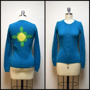 BENETTON Teal Blue Cardigan Sweater w Hand Appliqued Flower Graphic Size XS - Picture 1 of 6