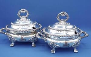 PAIR REGENCY STYLE OLD SHEFFIELD PLATE SAUCE TUREENS ARMORIAL CREST PAW FEET