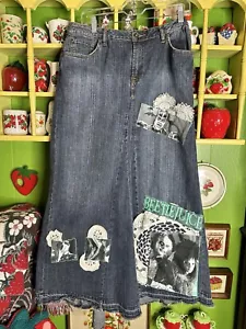 Reworked Handmade Halloween Beetlejuice Crochet Doilies Patches Denim Maxi Skirt - Picture 1 of 4